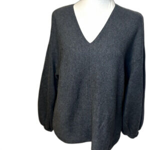 1.STATE V-Neck Ribbed Knit Balloon Sleeve Sweater Dark Gray Womens S